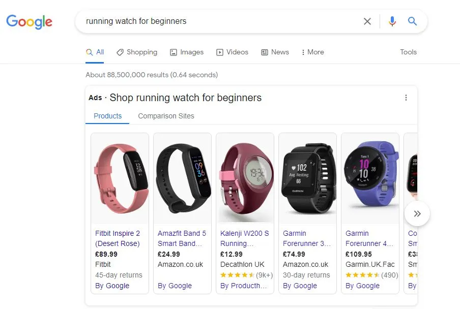 The search query in this image is 'running watch for beginners' the image shows the first result is shopping ads.