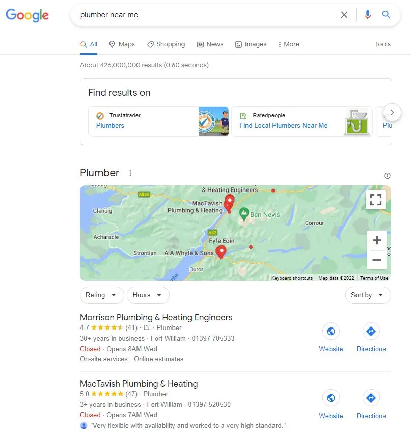 image shows google serp results for 'plumber near me'. The map view is visible with two relevant businesses.