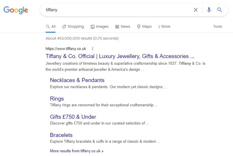 sitelinks shown for a brand search on tiffany.