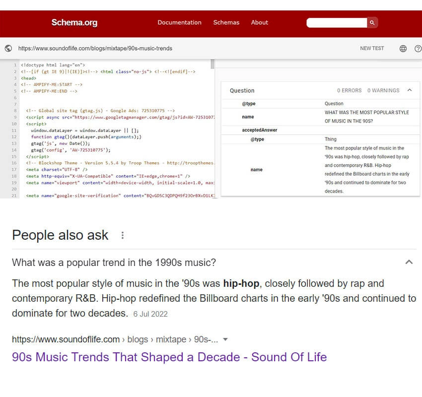 schema validator shows the schema was added to the site and below the paa feature snippet as a result